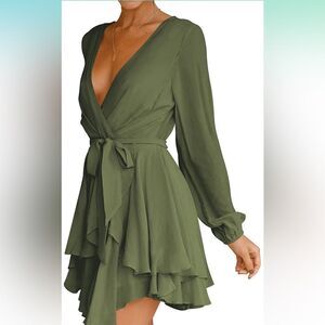 NEW Dress Deep V-Neck Waist Tie Ruffle Mini Swing Green Large